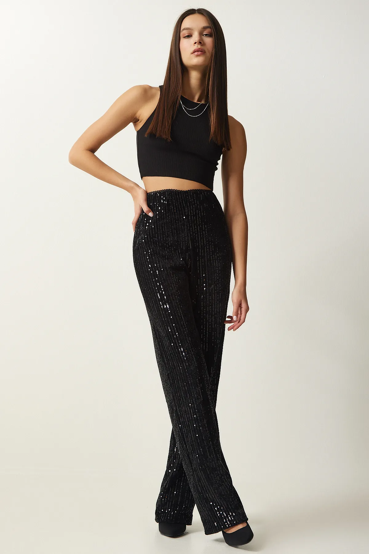 Happiness İstanbul  Schwarze Palazzo-Hose mit Pailletten für Damen MC00250
