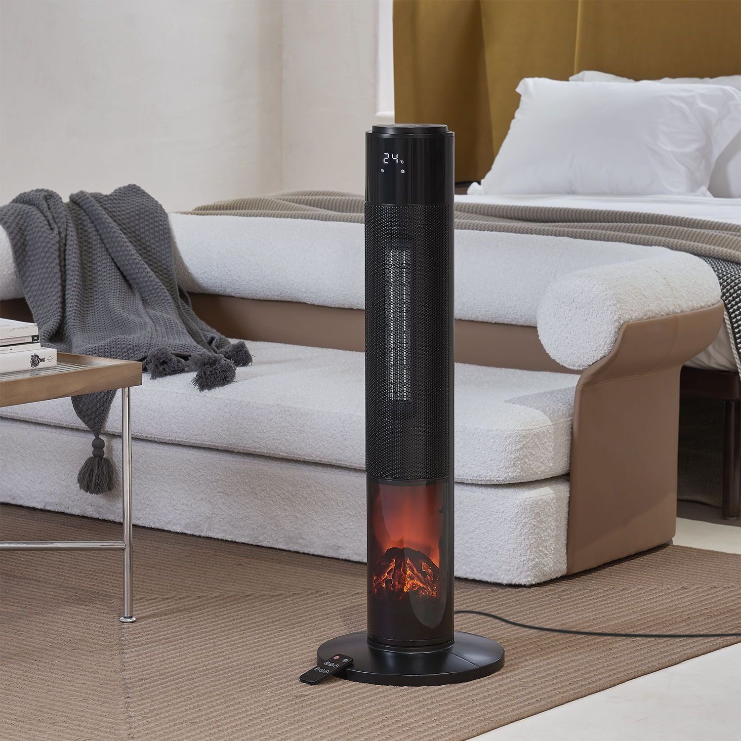 Juskys Heizlüfter Turm-Keramik-Heizer 1000/2000W in Schwarz, 2000 W, 2 Leistungsstufen, 50° Oszillation, LCD, Fernbedienung, Kamineffekt