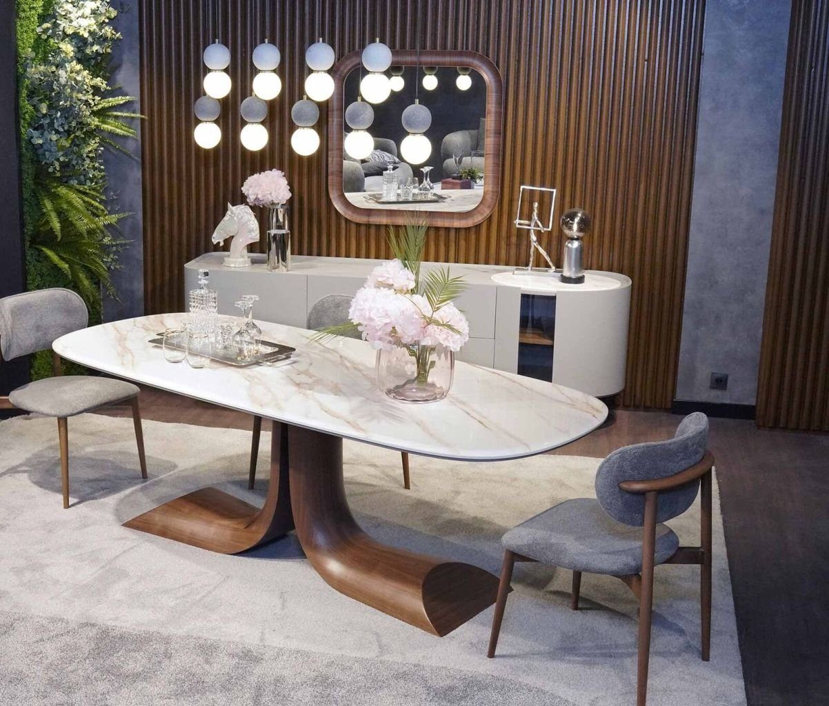 JVmoebel Esszimmer-Set Komplett Esszimmer Set 7tlg Ess Gruppe Sideboard Spiegel Esstisch Neu, (7-St., 1x Esstisch + 4x Stühle + 1x Sideboard + 1x Spiegel), Made in Europa