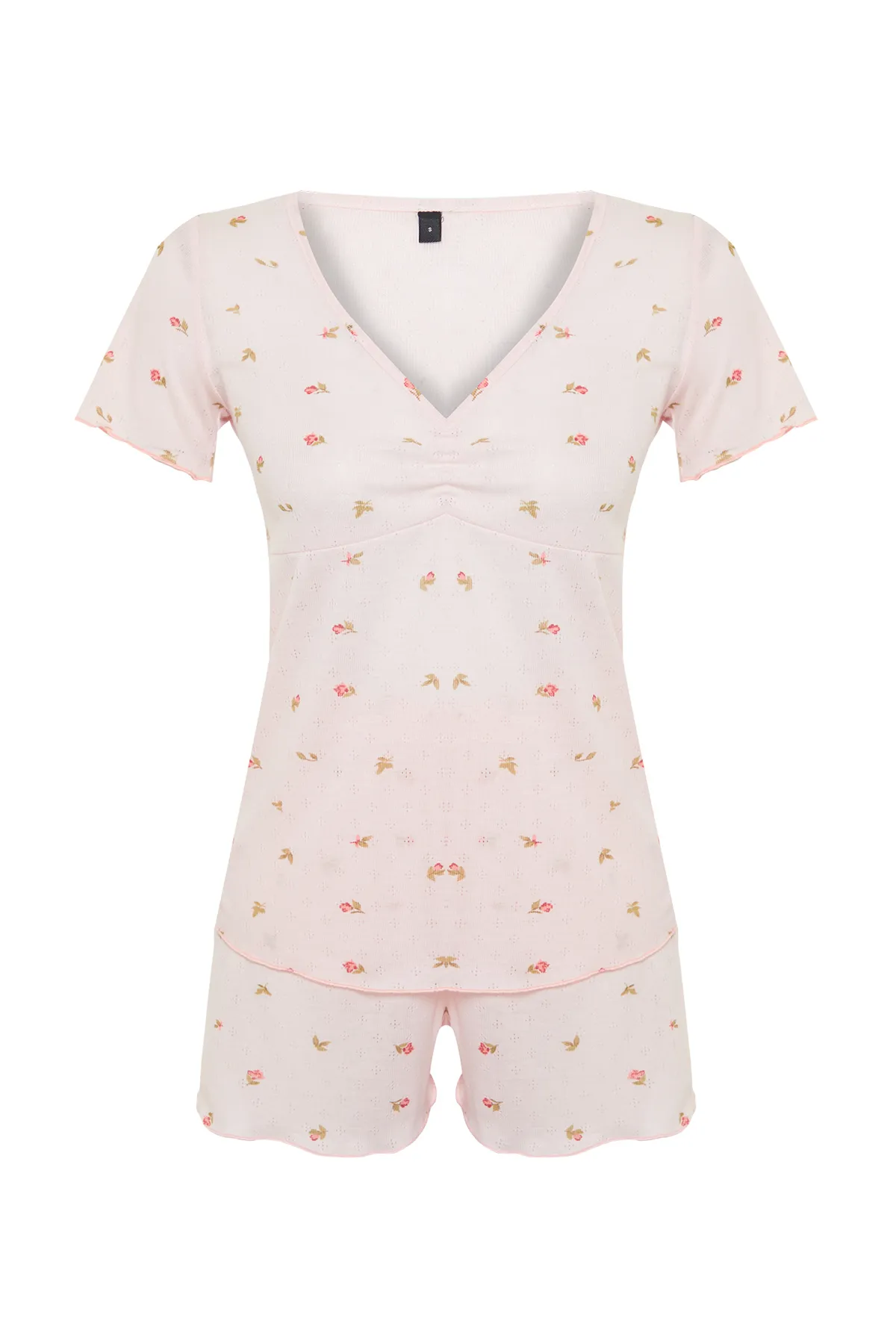 Trendyol Collection  Rosa florales Pointel-Pyjama-Set mit Lochmuster und Lochmuster THMSS24PT00034