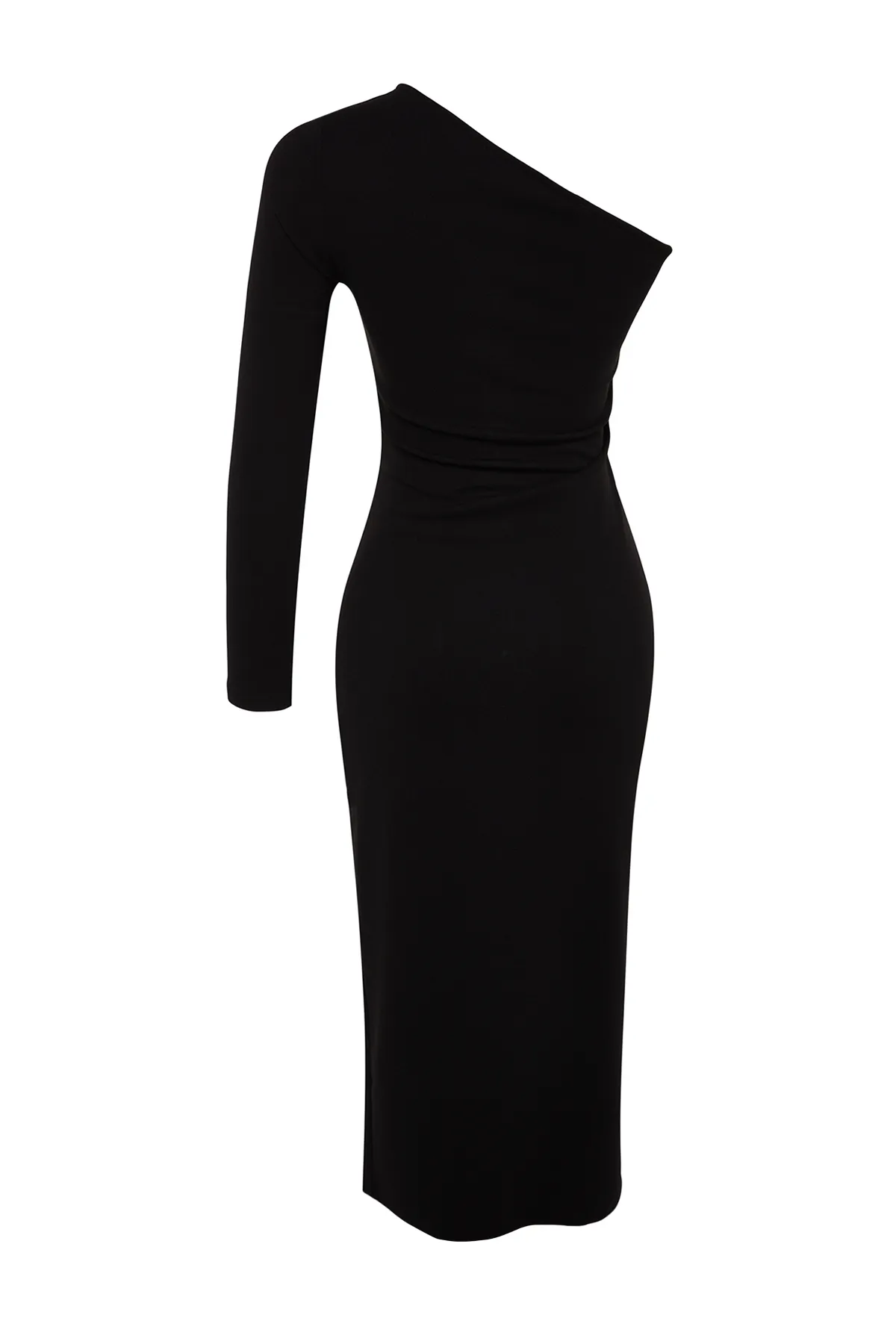 Trendyol Collection  Schwarzes Midi-Strickkleid mit asymmetrischem Ausschnitt, eng anliegendem Schlitz und detailliertem Schnitt TWOAW24EL00623