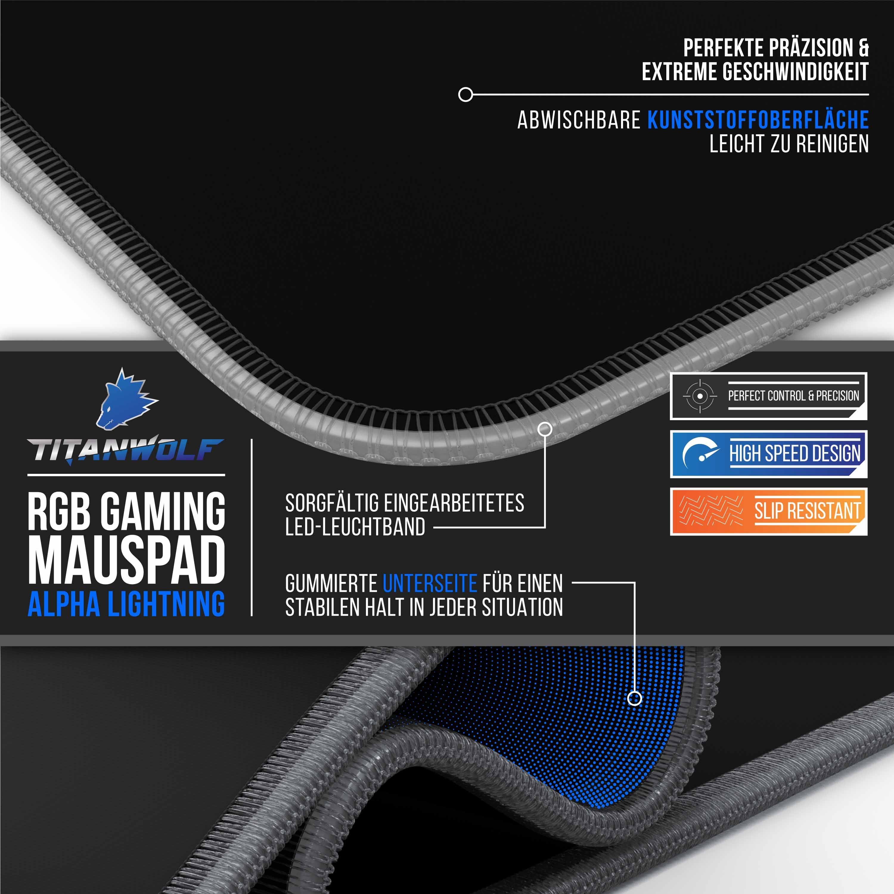 Titanwolf Gaming Mauspad, RGB Mousepad XL, 800 x 300 mm, verbessert Präzision & Geschwindigkeit