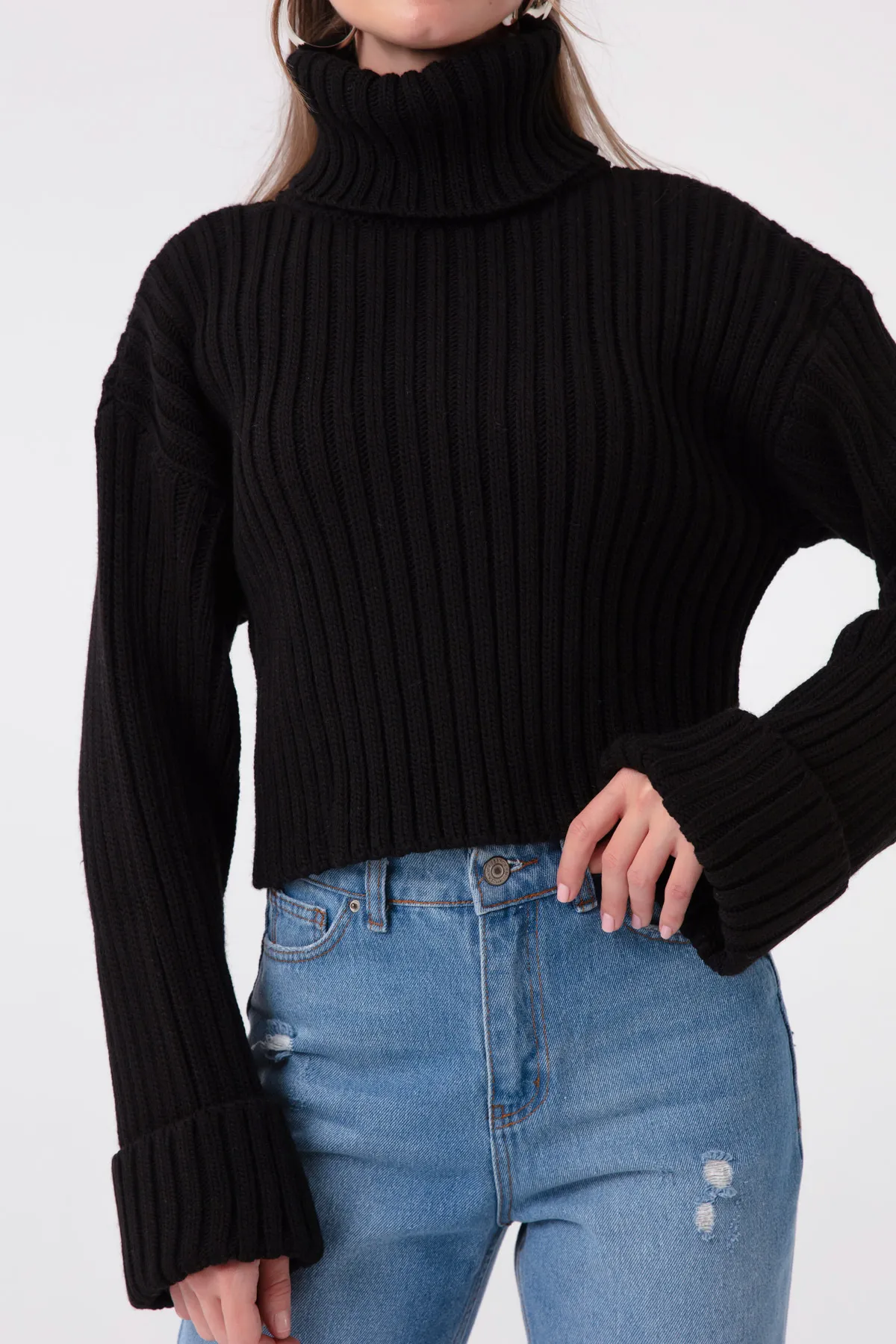 Lafaba  Schwarzer, breiter, gerippter Rollkragenpullover für Damen