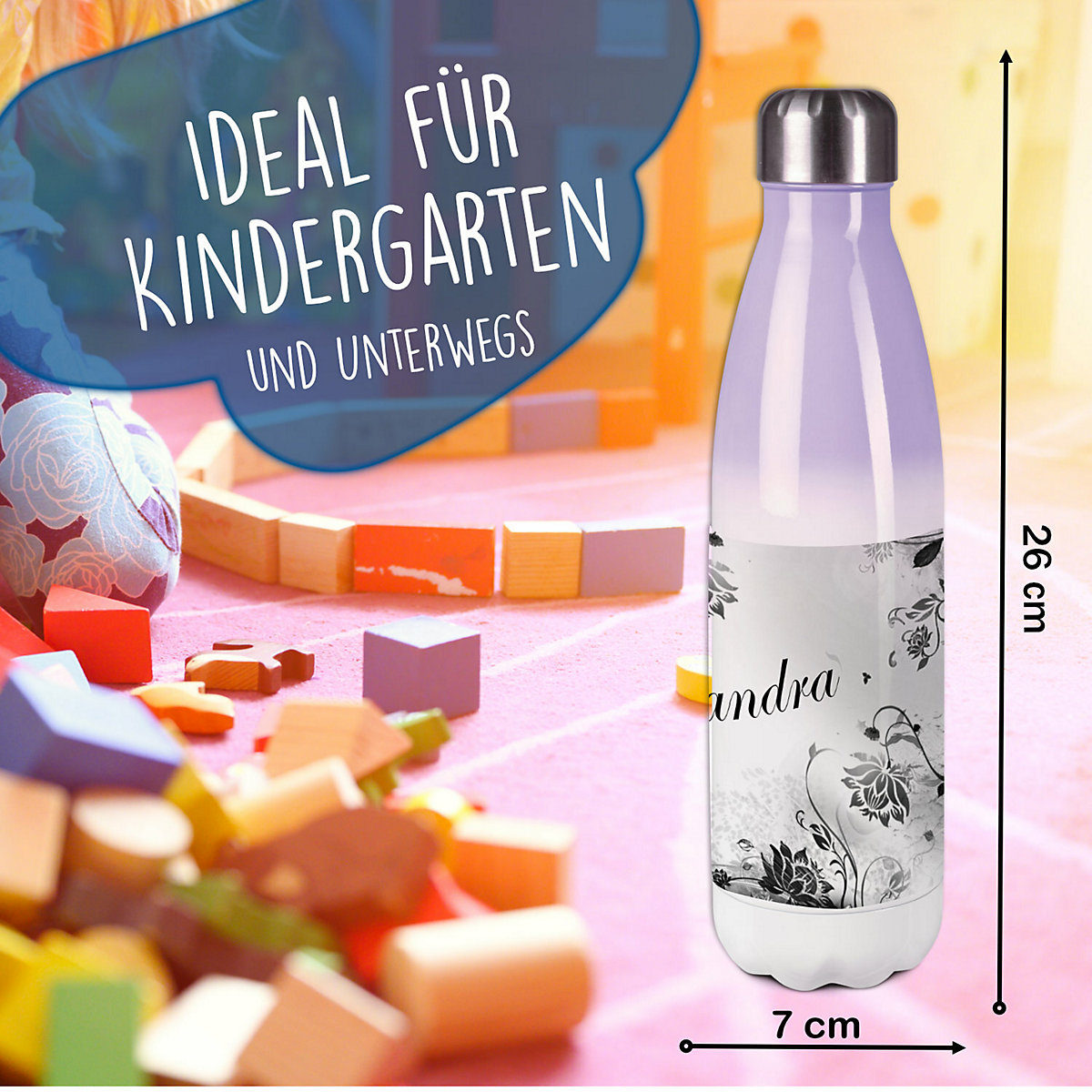 Edelstahl Kinder Thermoflasche / Trinkflasche bunt Blumenranke Farbe schwarz weiß Spülmaschinenfest, Auslaufsicher, Bruchfest, Doppelwandig, Für Heißgetränke geeignet, Mit Deckel, Isoliert