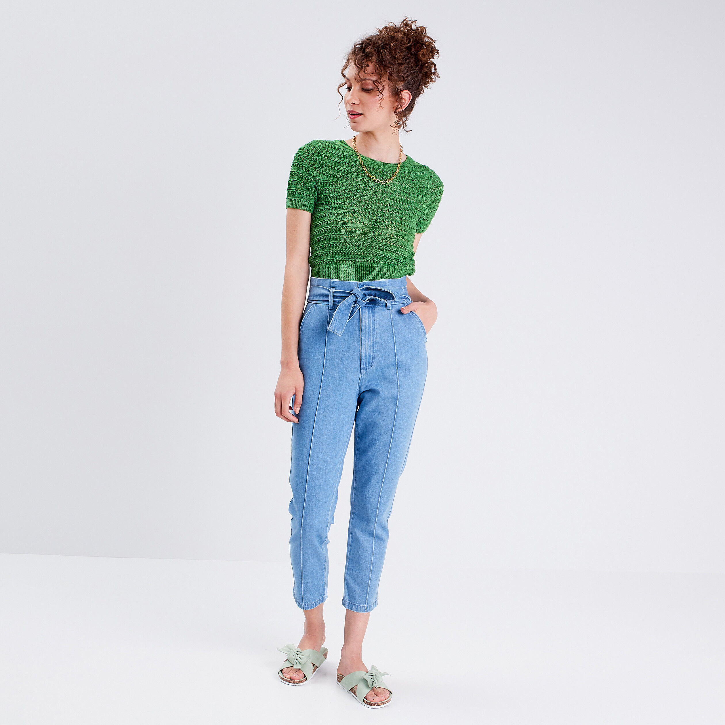 Jeans paperbag taille haute ceinturée denim stone femme | Cache Cache