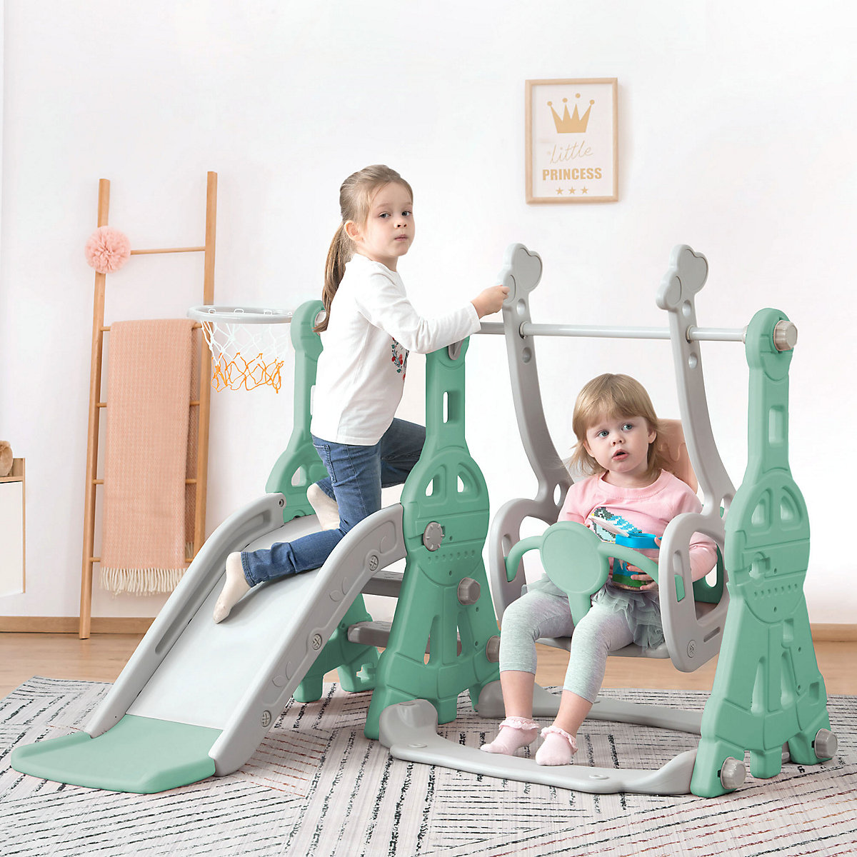 Rutsche 3 in 1 Kinderrutsche Spielplatz mit Schaukeln, Basketballkorb