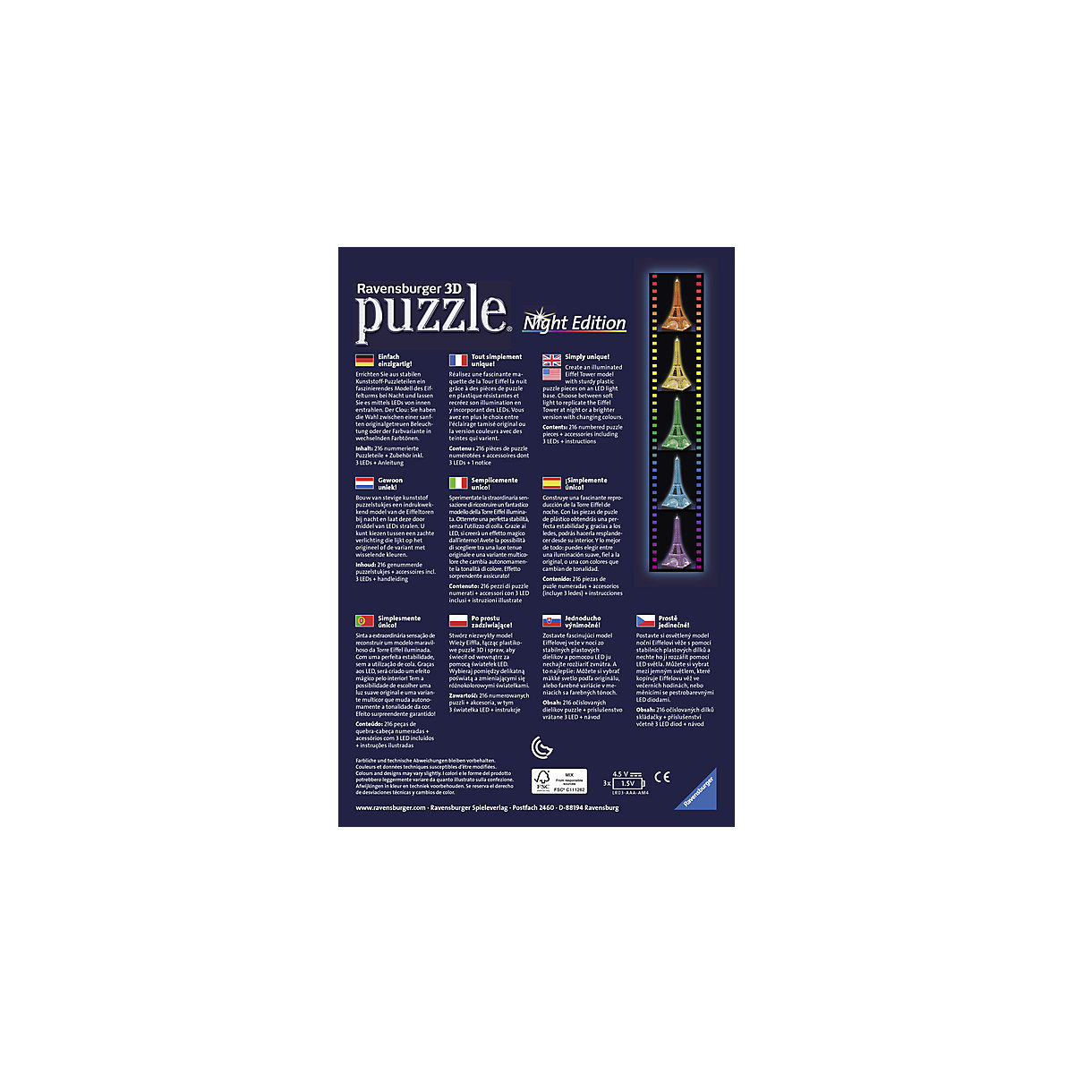 3D-Puzzle Night mit LED, H47 cm, 216 Teile, Eiffelturm bei Nacht