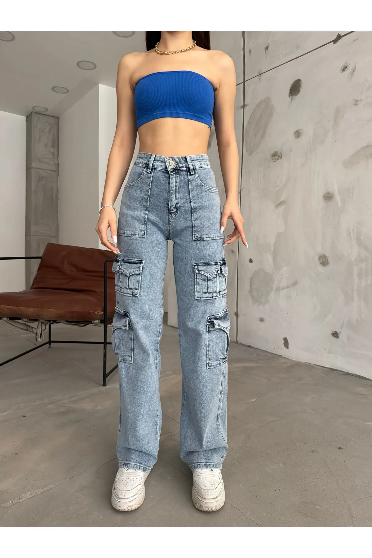 BİKELİFE  Blaue Cargohose für Damen mit hoher Taille und mehreren Taschen und gerader Passform