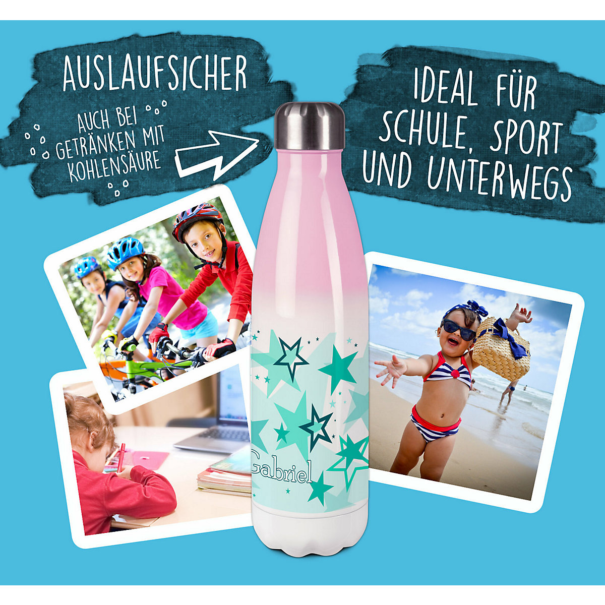 Edelstahl Kinder Thermoflasche / Trinkflasche bunt Sternenhimmel Farbe türkis Spülmaschinenfest, Auslaufsicher, Bruchfest, Doppelwandig, Für Heißgetränke geeignet, Mit Deckel, Isoliert