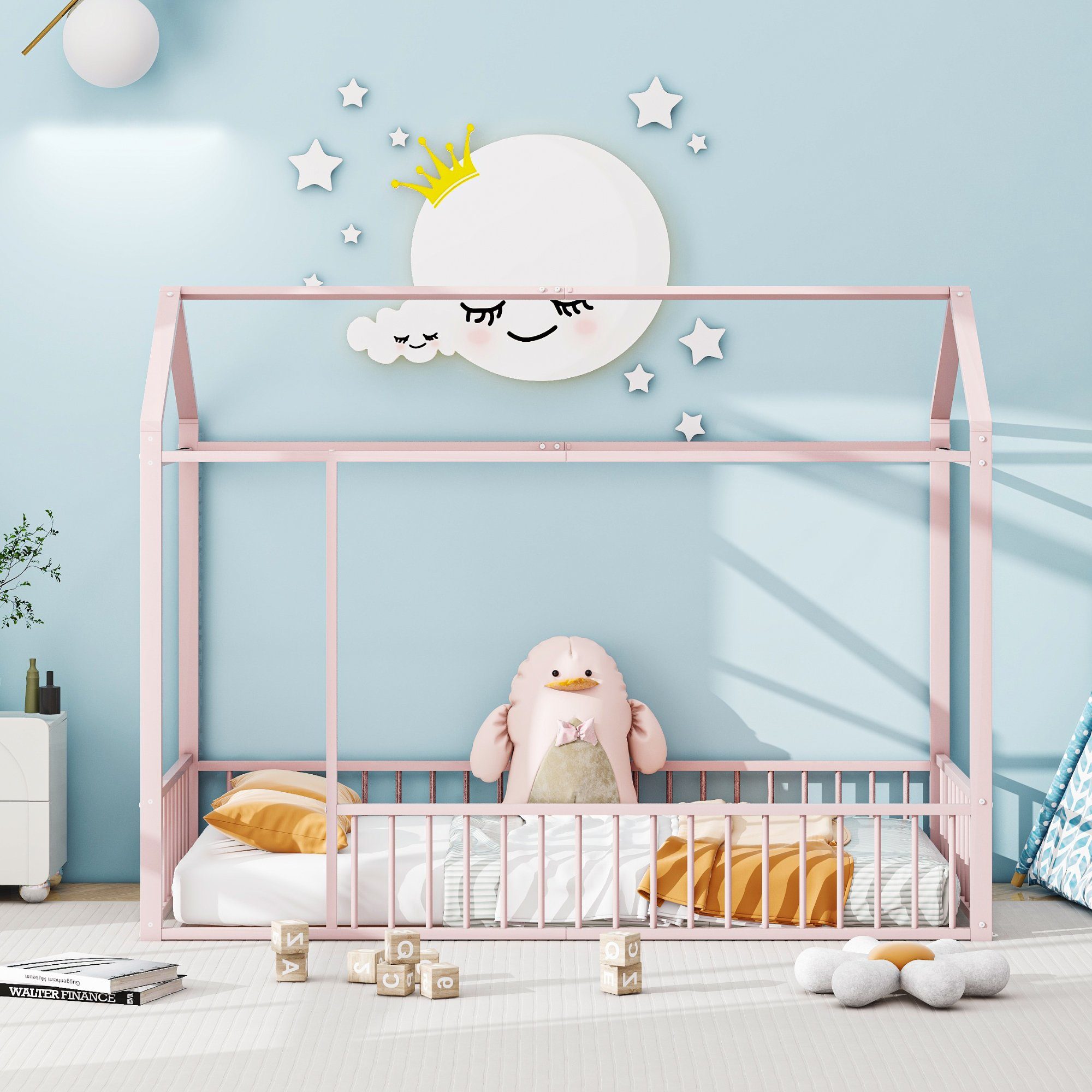Celya Metallbett Kinderbett Hausbettrahmen mit Zaun für Kinder, Teenager, Mädchen, Jungen, 90 x 200cm, Rosa