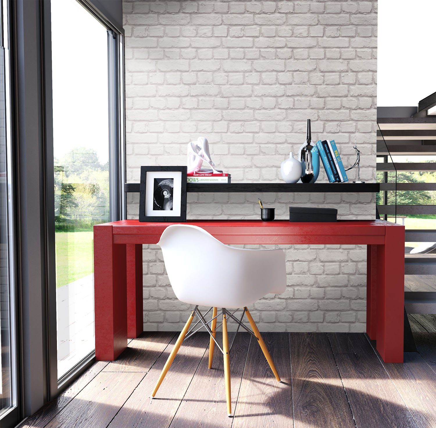Newroom Papiertapete, Steintapete, Tapete, Weiß, Steinoptik, Wohnzimmer, Ziegelstein, Backstein, Mauerwerk, Klinker, Tapete Steinoptik Wohnzimmer