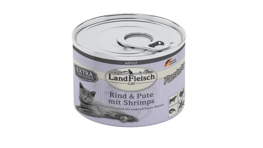 LandFleisch Katzennassfutter Adult Pastete Rind & Pute mit Shrimps 195g 195 g