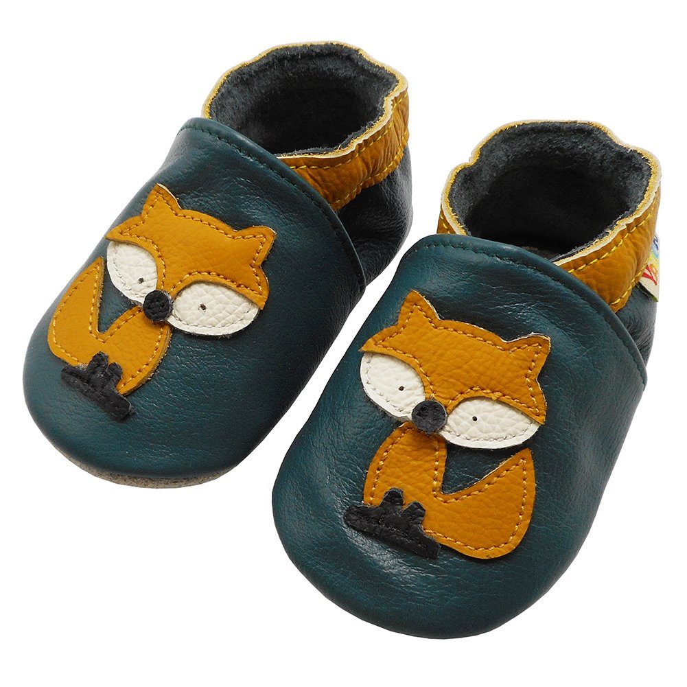 Yalion Weiche Leder Lauflernschuhe Hausschuhe Lederpuschen Fuchs grün Krabbelschuh