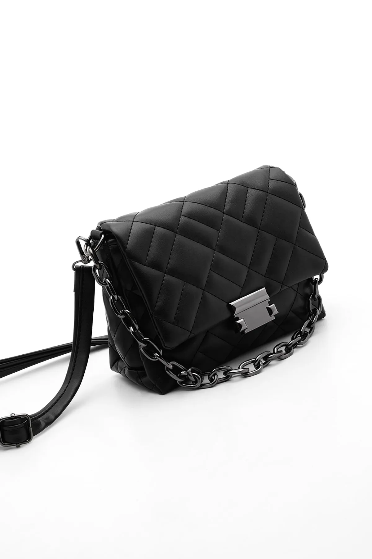 Marjin  Damen-Umhängetasche, gesteppte Kette, Umhängetasche mit Innenfutter, Schwarz