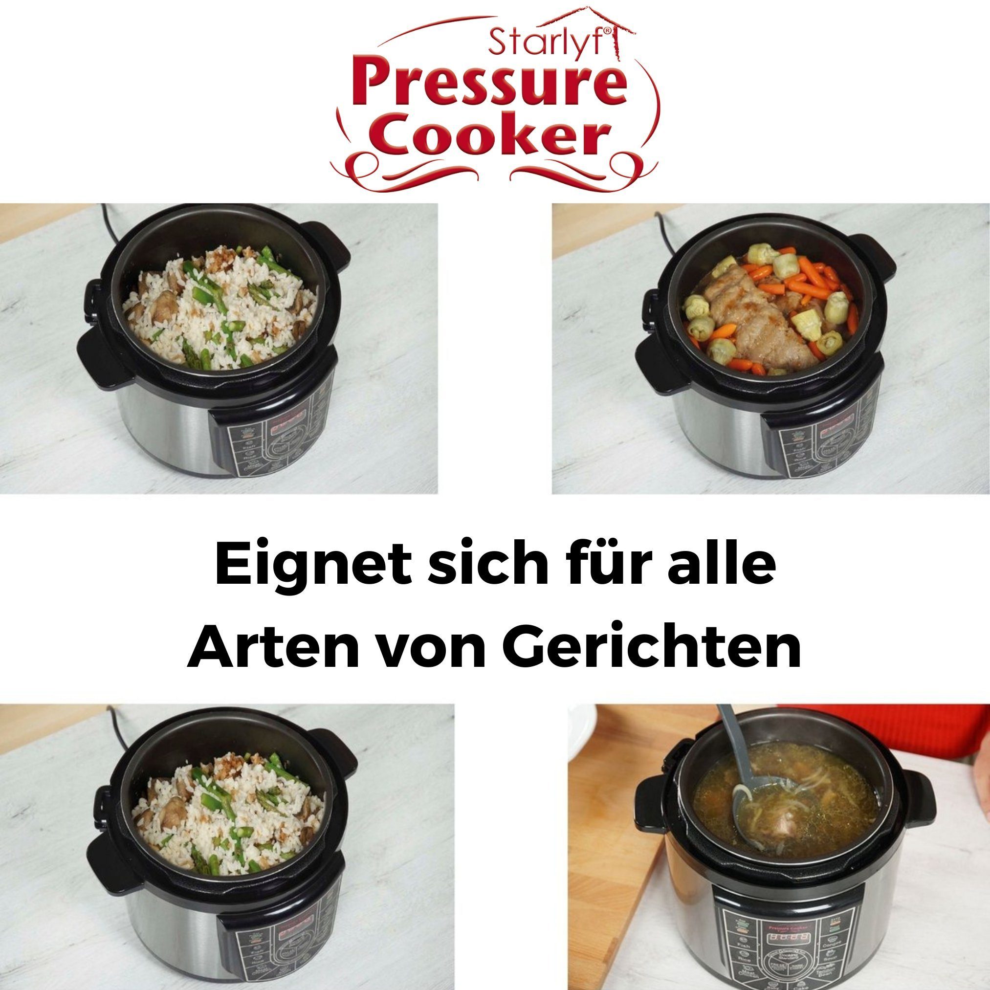 Starlyf Reiskocher Pressure Cooker, 800 W, Schnellkochtopf, Multikocher, 8 Programme, Antihaftbeschichtung