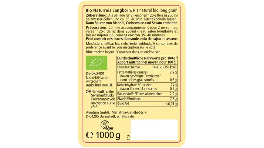 Alnatura Bio Naturreis Langkorn 1 kg