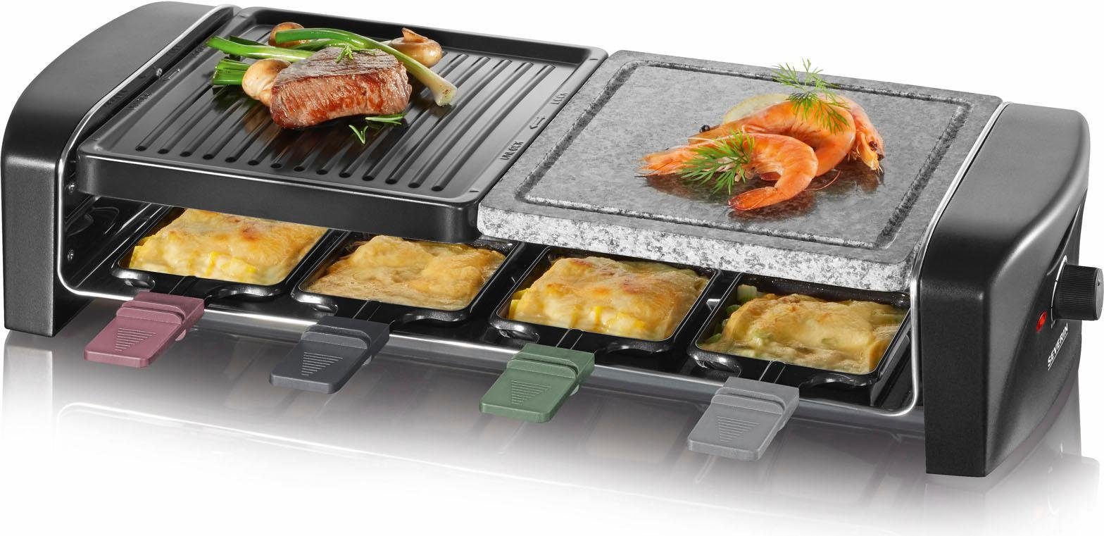 Severin Raclette RG 9645, 8 Raclettepfännchen, 1400 W, Naturgrillstein, Gussplatte, Thermostat, Antihaftbeschichtung