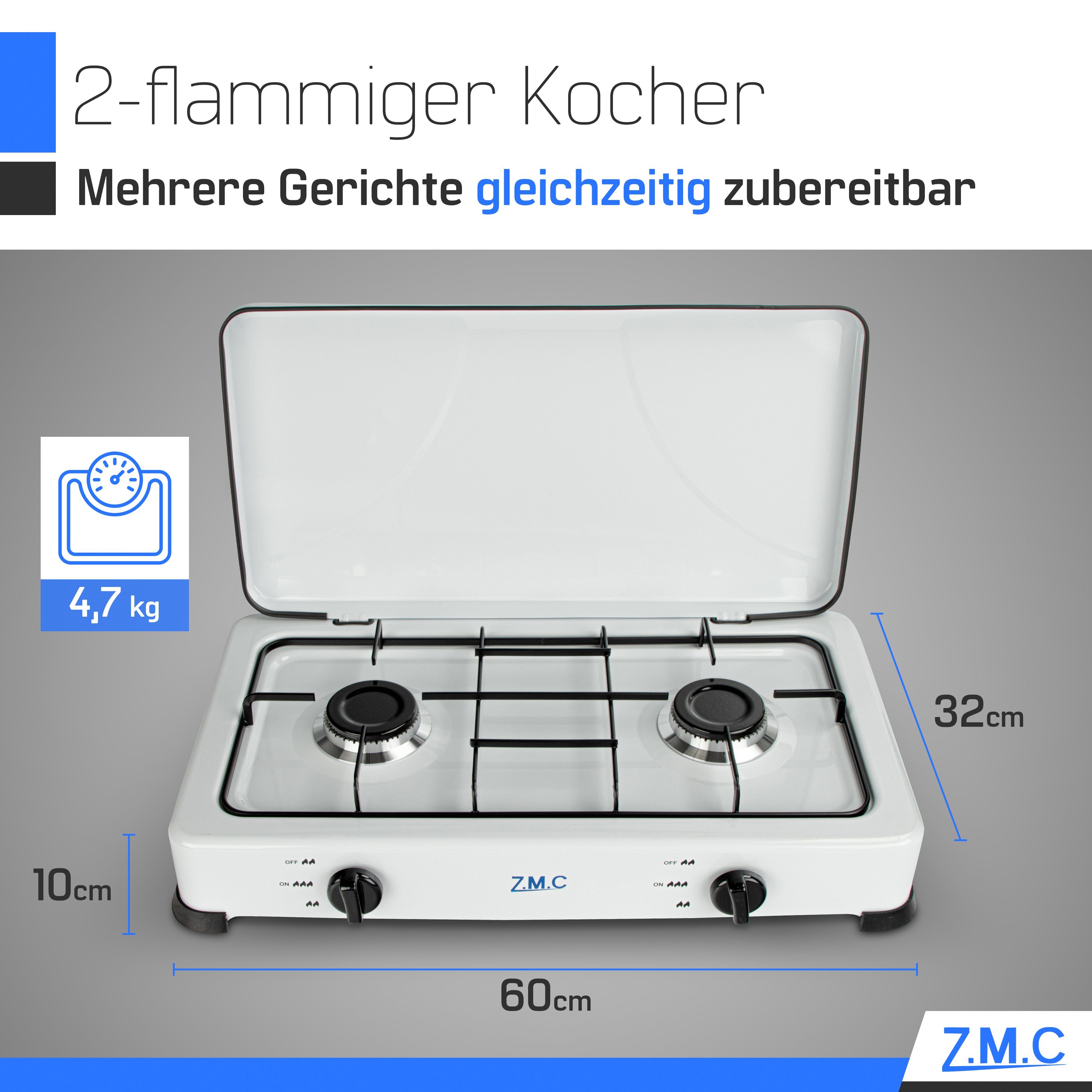 ZMC Gaskocher Tragbarer Gaskocher Campingkocher 2-flammig inkl. Schlauch und Regler, 2,2 kW 50 mBar Outdoor Gasherd Kochfeld Herd Propangas Tischkocher