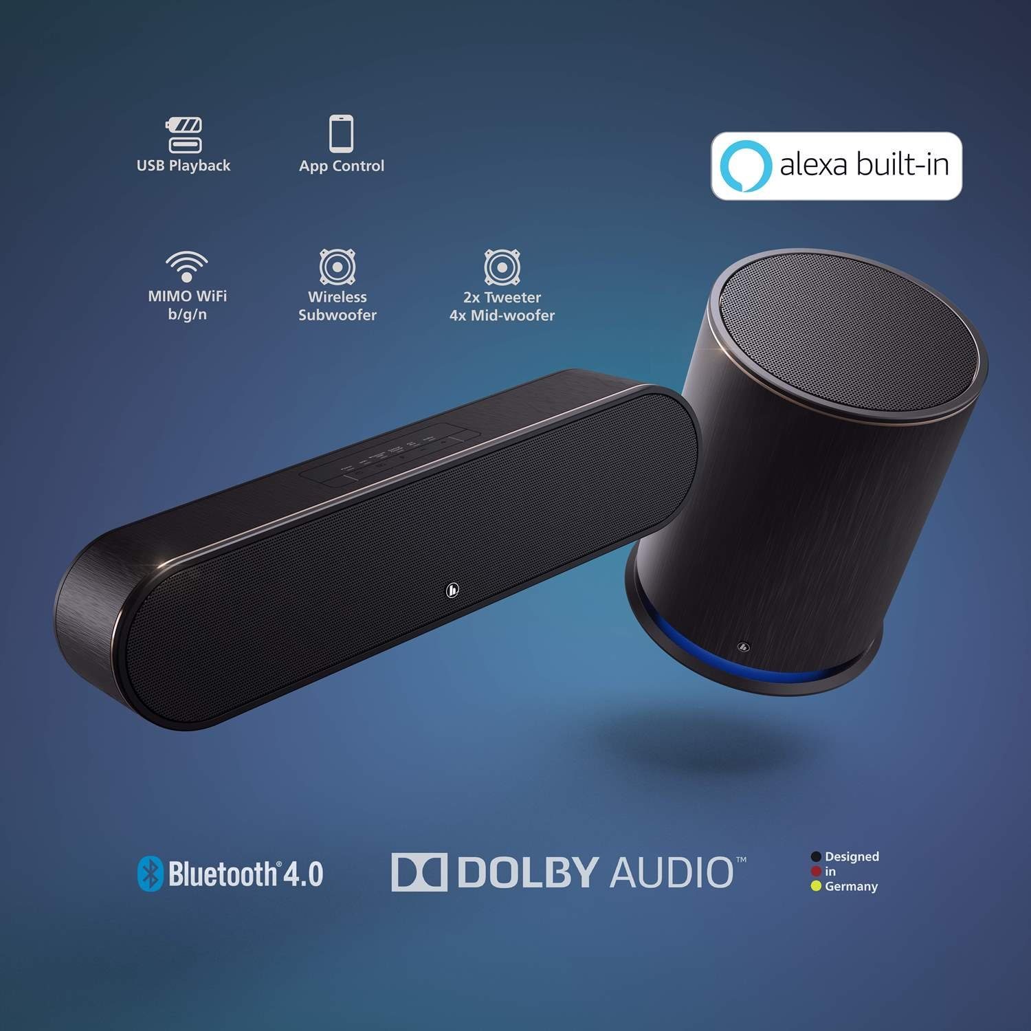 Hama 2.1 Smart Slim Soundbar + Wireless Subwoofer Subwoofer (Funk, mit Fernbediening Alexa Spotify Bluetooth WiFi TV PC etc)