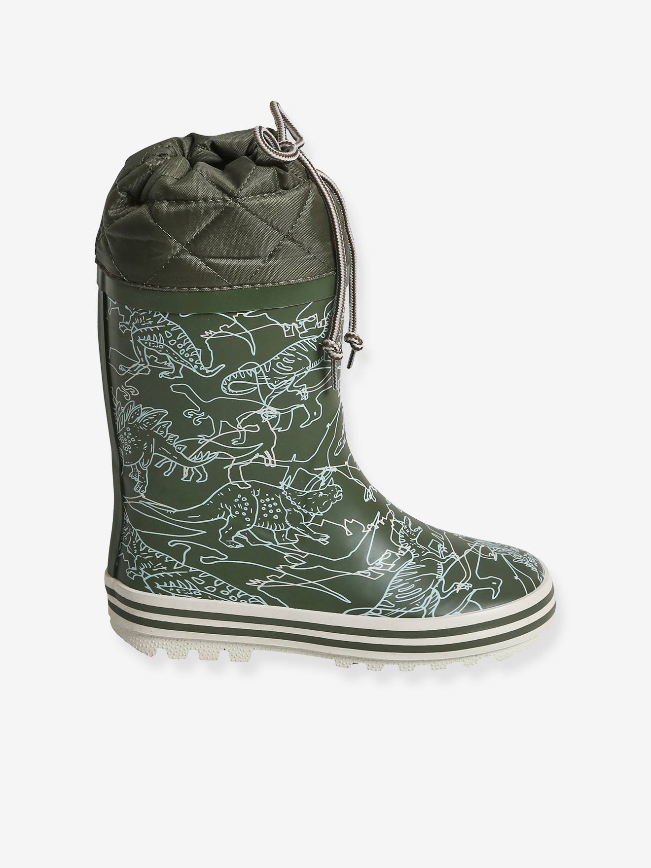 Bottes de pluie imprimées garçon col matelassé kaki imprimé