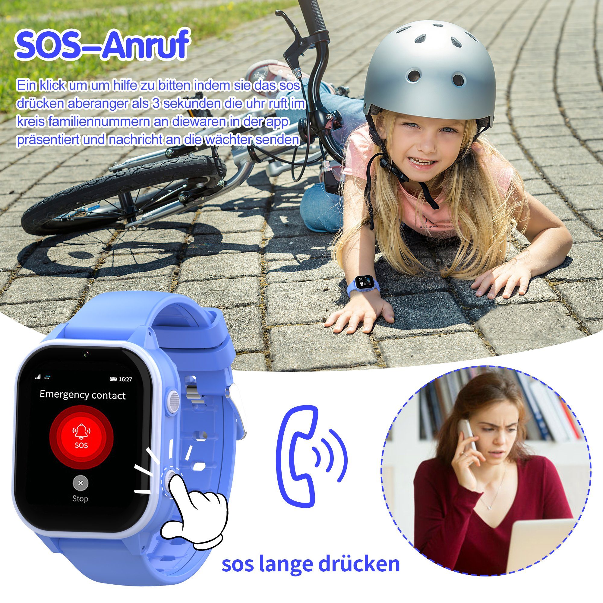 Tisoutec Kinder Smartwatch Telefon,Anrufe,Nachrichten,SOS-Funktion, Smartwatch (1.85 cm), Touchscreen Kinder Smartwatch, Smartwatch Telefon für Kinder - 4G, Kamera,telefonieren, SMS empfangen