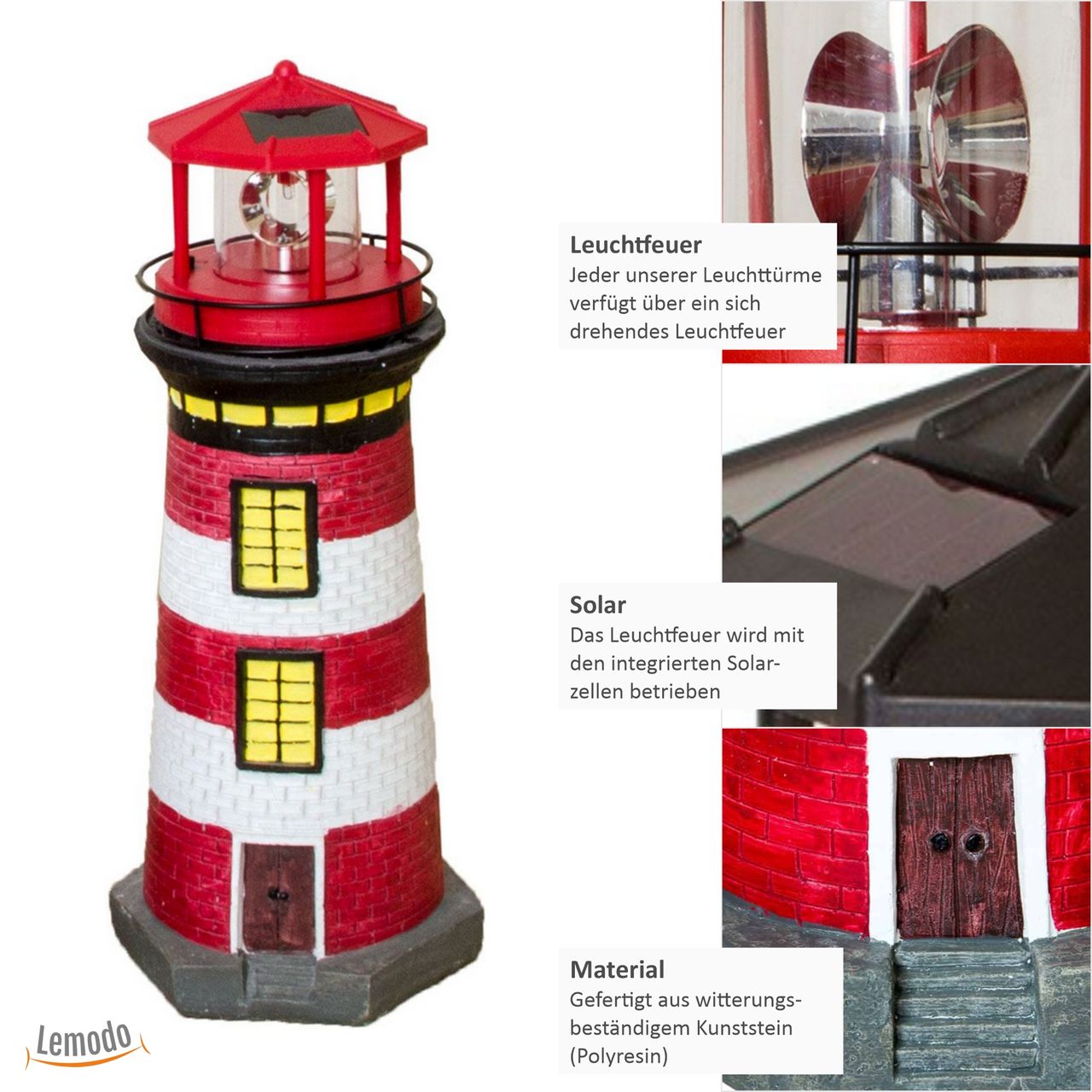 Lemodo Lemodo Gartendeko Leuchtturm mit Solar rot/weiß, handbemalte Gartenfigur 37 cm hoch