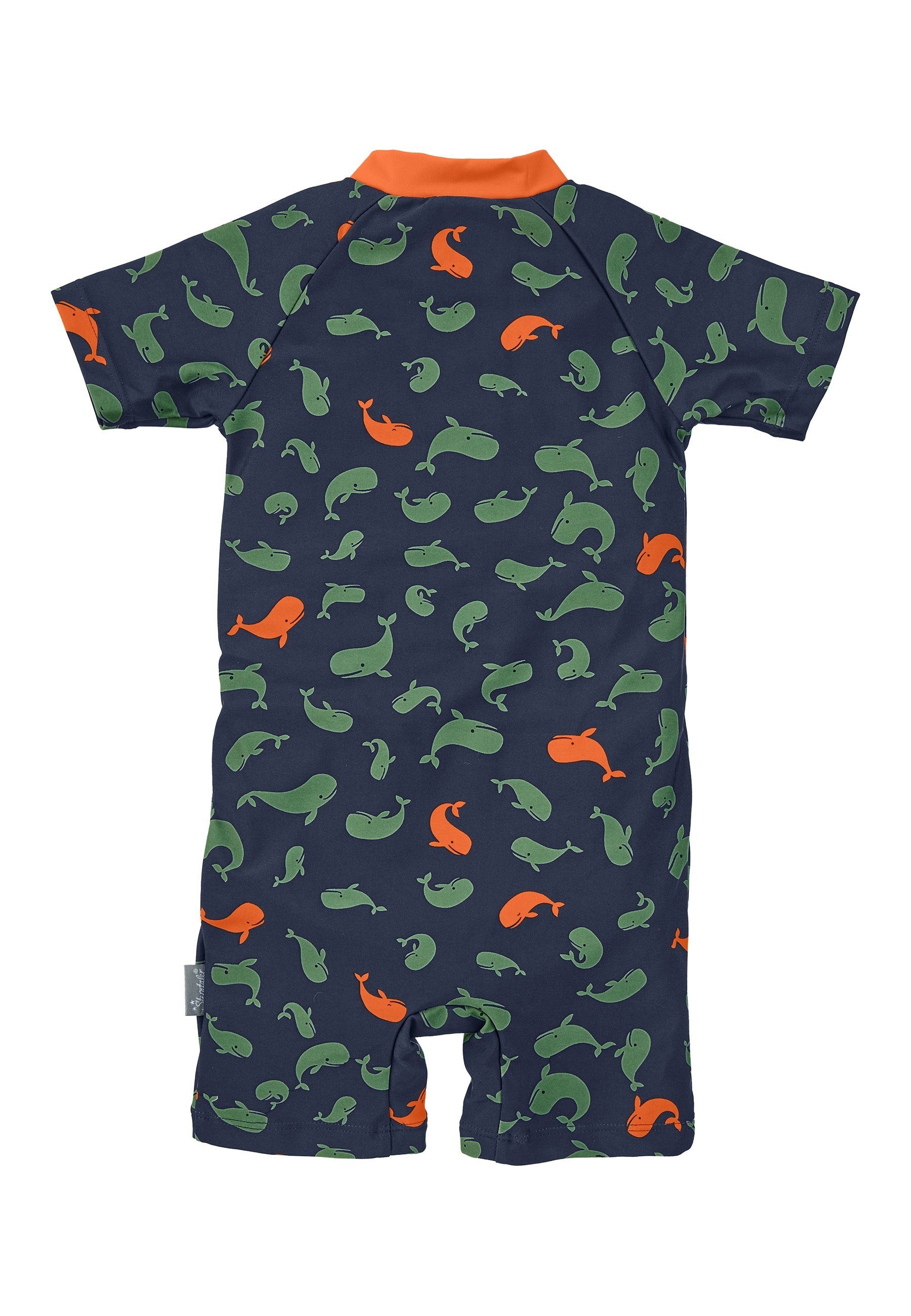 Sterntaler® Badeanzug Schwimmanzug Wale Kinderbadeanzug - Schwimmanzug Jungen mit Windeleinsatz bis Größe 86/92 - Baby Badebekleidung - Badeoverall Baby in Marine mit Allover-Print Wale und kurzem Arm, UV-Schutz 50+