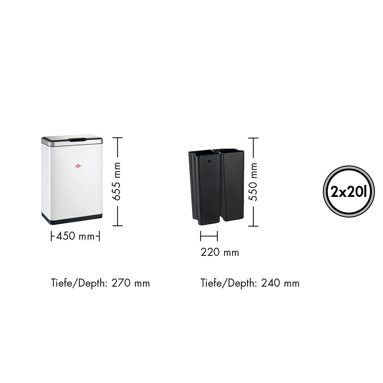WESCO Mülltrennsystem I.MASTER DOUBLE (2 x 20 Liter) MIT SENSOR, Stahlblech, 2 x 20 Liter, abnehmbarer Deckel, Öffnung per Sensor