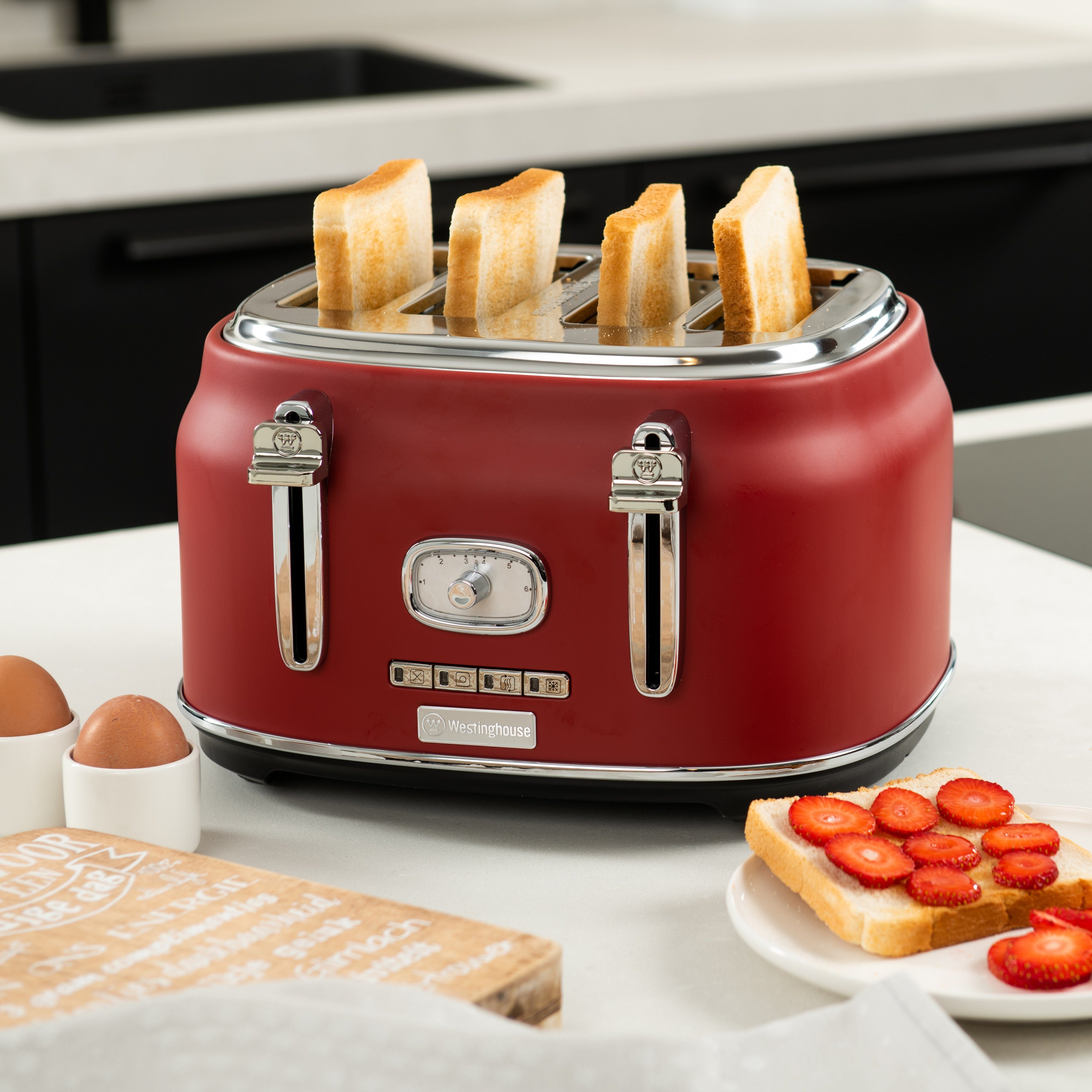 Westinghouse Toaster Retro Früstücksset, 4 kurze Schlitze, für 4 Scheiben, 1750 W, Wasserkocher 1,7 L Volumen & Stabmixer, 2 Klingen