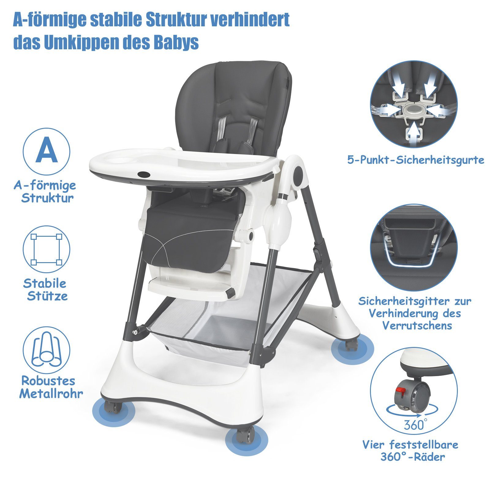 COSTWAY Hochstuhl Babyhochstuhl, mit verstellbarer Rückenlehne