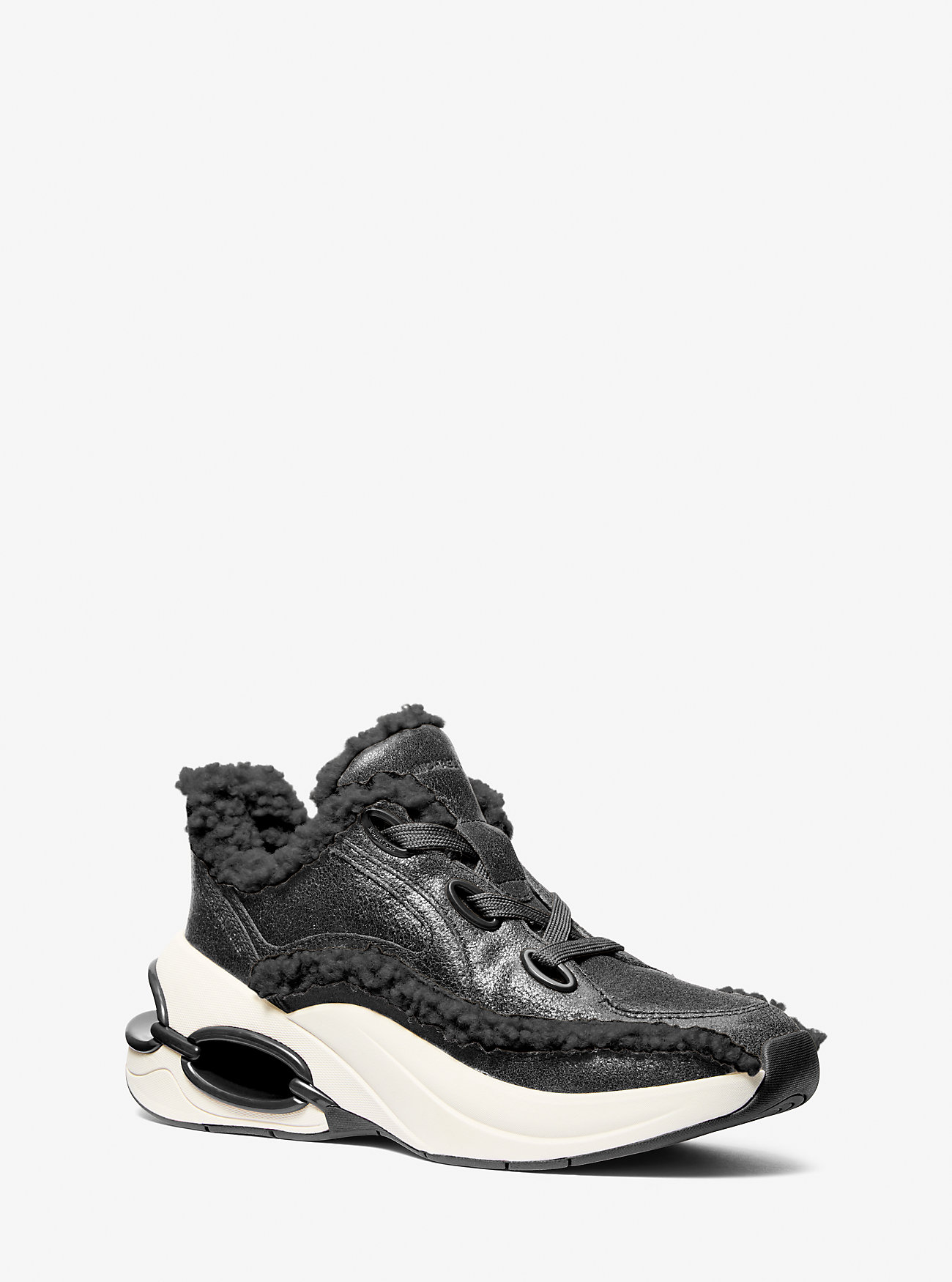 Toni Distressed Leather and Sherpa Trainer - BLACK
