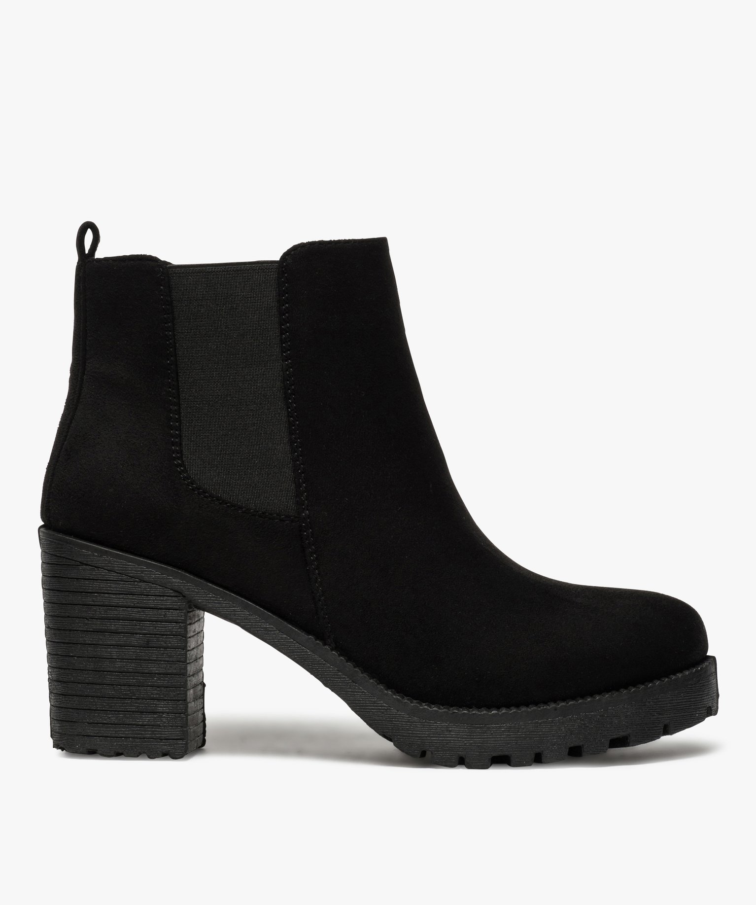 Boots femme à talon et semelle crantée en suédine unie noir | GEMO