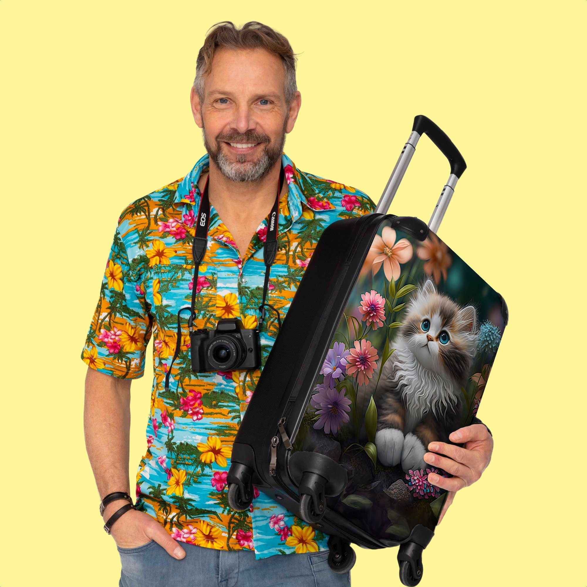 NoBoringSuitcases.com© Handgepäckkoffer 55x35x20cm Kätzchen - Illustration - Blumen - Natur - Katze, 4 Rollen, Handgepäck Trolley Rollkoffer Kleine Reisekoffer mit 4 Rollen - Cabin