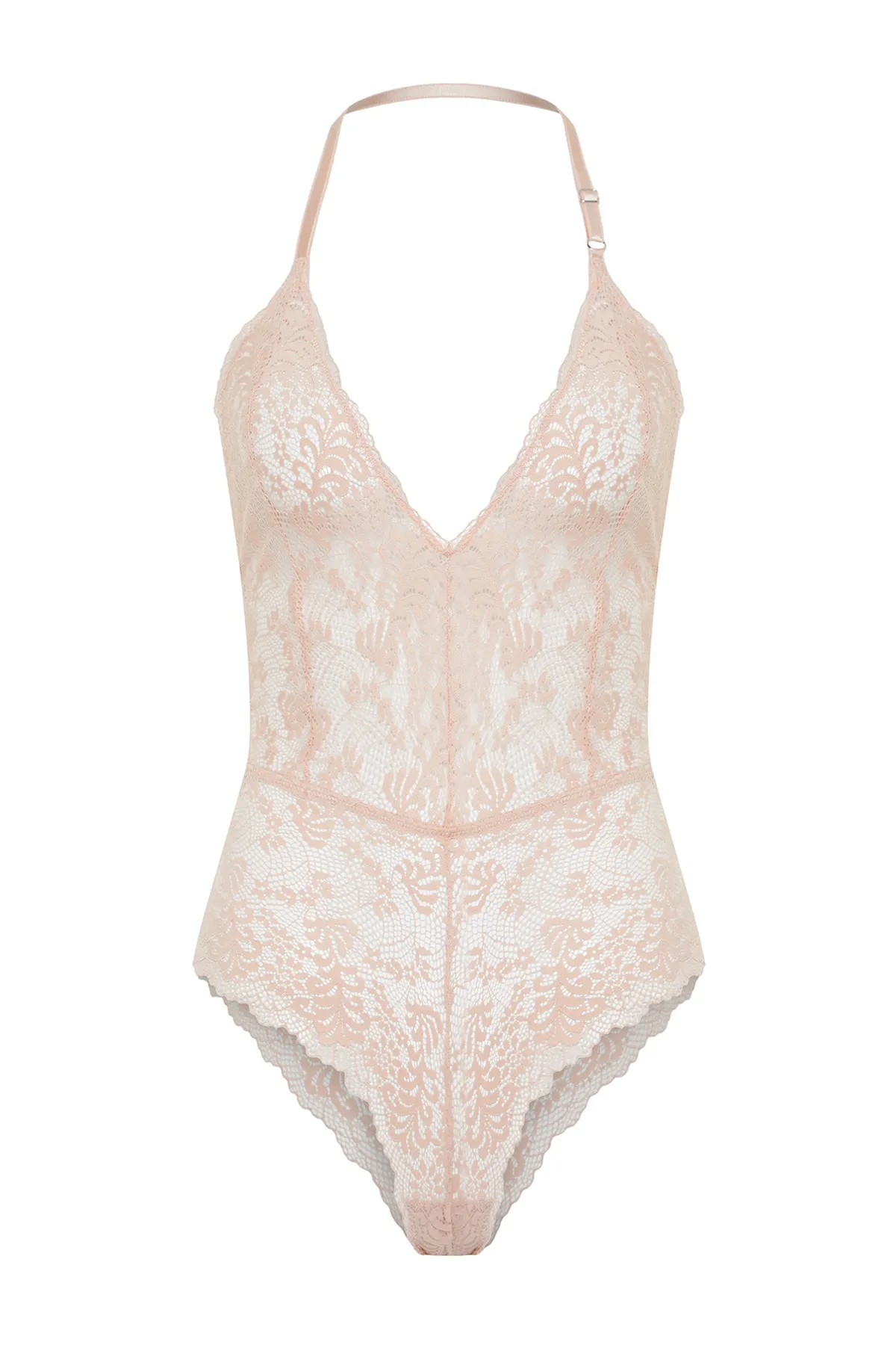 Trendyol Collection  Puderfarbener Strick-Body mit gerüschten Seilriemen und Druckknöpfen THMAW23BD00009