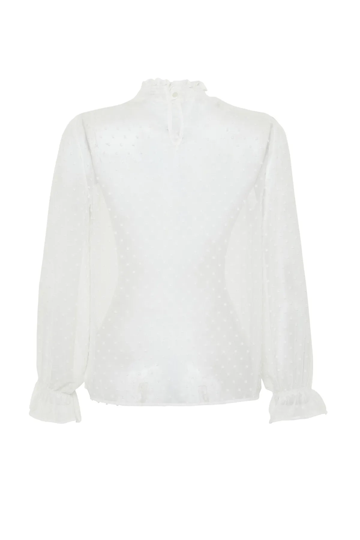 Trendyol Collection  Ecrufarbene Chiffon-Webbluse mit hohem Kragen und Bommel TWOSS24BZ00006