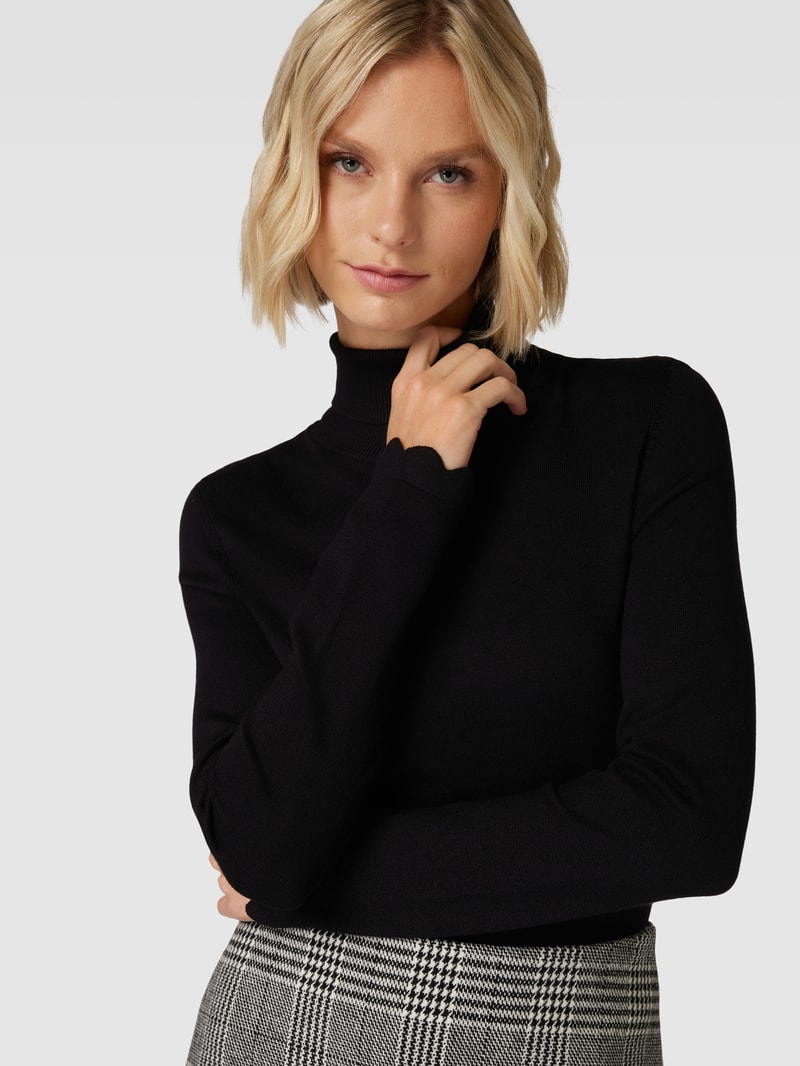 Rollkragenpullover aus Viskose-Mix mit Wellensaum in schwarz
