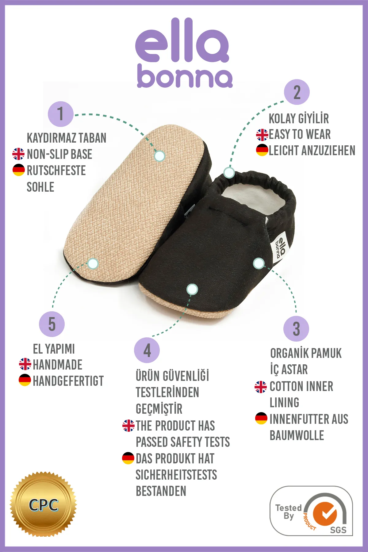 Ella Bonna  Schwarze Babyschuhe mit rutschfester Sohle, Hausschuhe, Kinderschuhe, Hausschuhe