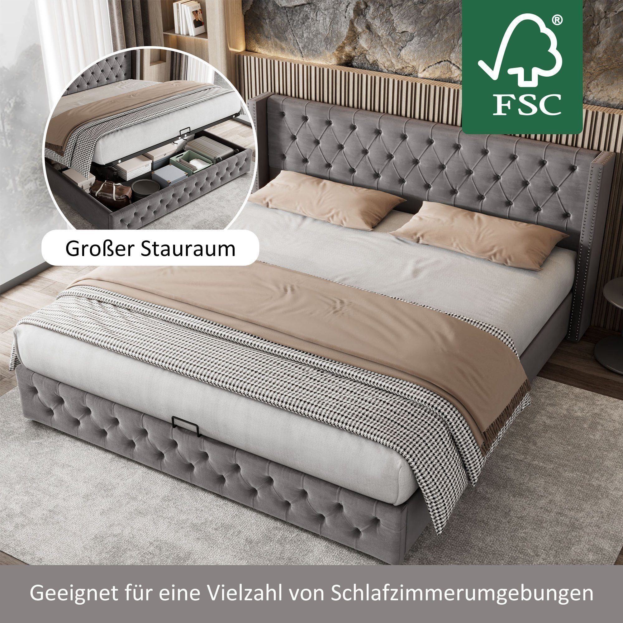 REDOM Polsterbett Doppelbett Stauraumbett (Ohrenform Doppelte Nietenreihe Flanell, Knopfnähte Kopf-und Fußende, Bettunterseite ist mit schmutzabweisenden schwarzen Vliesstoff, Grau), 140x200cm ohne Matratze