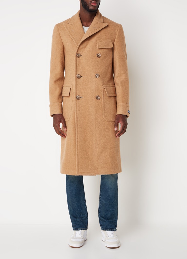 Casaco Ralph Lauren de lã cor de camelo com abotoamento duplo e bolsos com aba.