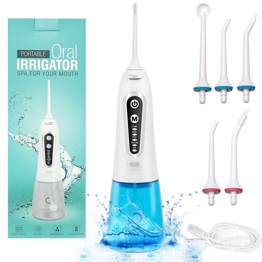iceagle Munddusche Munddusche Kabellos Elektrische mit 5 Modi und 5 Düsen Wasser Flosser, Aufsätze: 5 St., 300ML Zahndusche Zahnspangen,Zahnzwischenraumreiniger für Familie