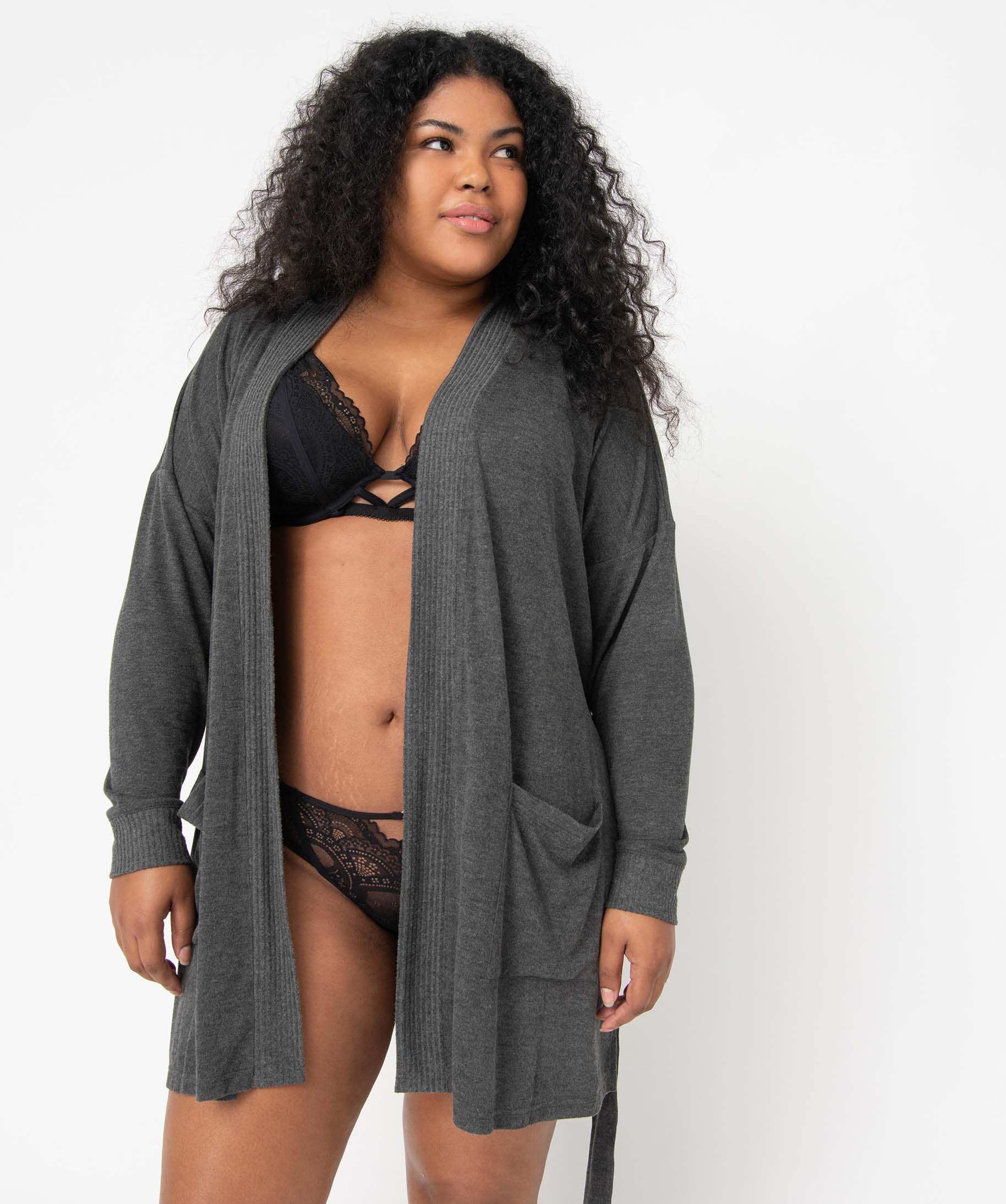 Veste d'intérieur femme grande taille en maille douce avec ... gris fonce | GEMO