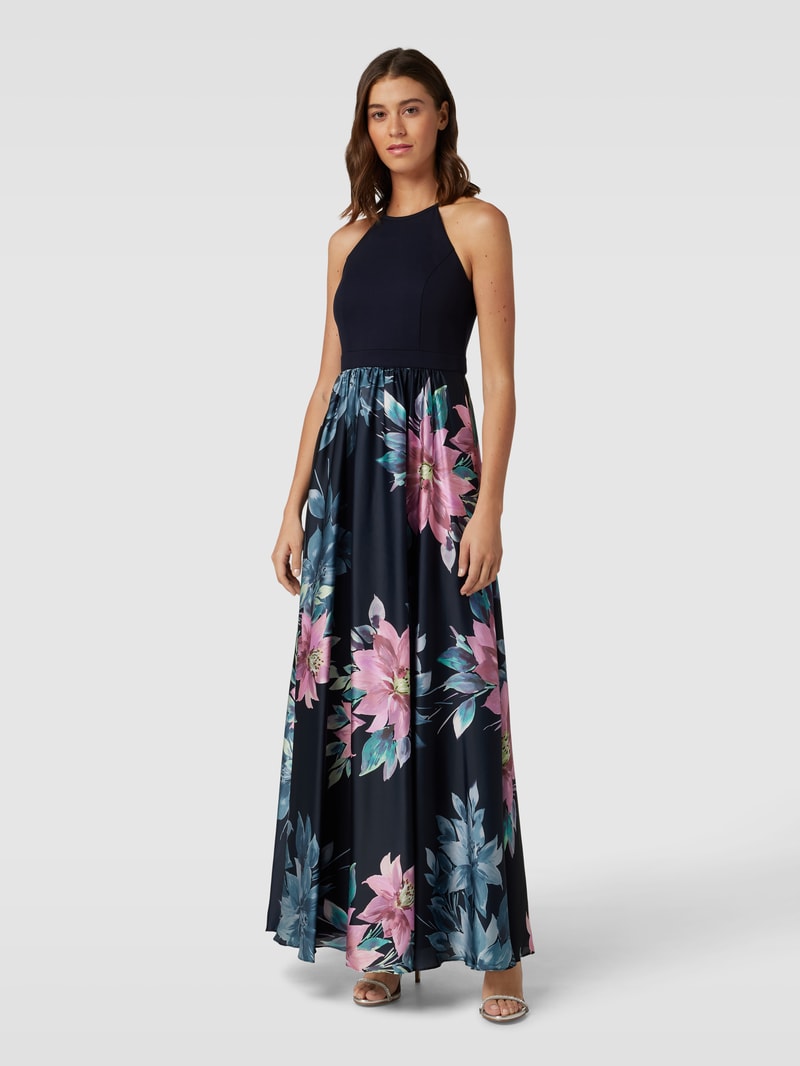 Abendkleid mit floralem Muster in marineblau meliert