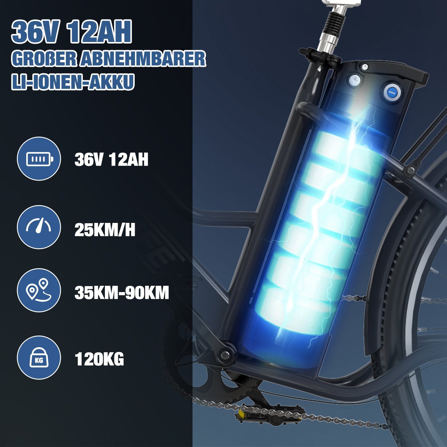 RCB E-Bike 26 Zoll Elektrofahrrad 36V 12AH, 250W Cityräder für Damen Herren, 7 Gang SHIMANO, Heckmotor