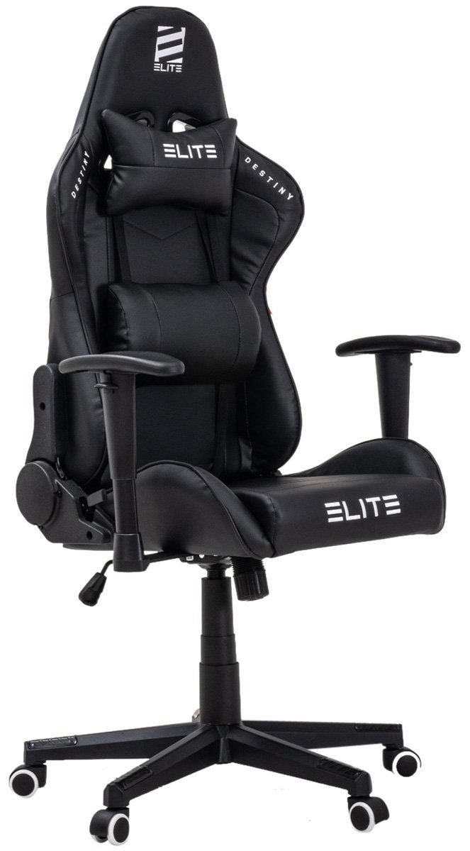 ELITE Gaming Gaming-Stuhl Ergonomischer Bürostuhl Destiny inkl. Rücken- & Nackenkissen (Drehstuhl mit 2D-Armstützen, verriegelbare Wippmechanik, mechanische Härtegradeinstellung, verstellbare Sitzhöhe, 90° klappbare Rückenlehne, Sicherheits-Doppelrol