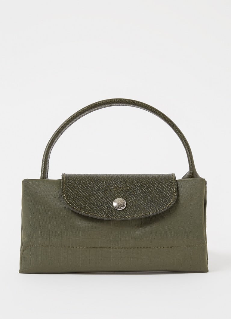 Geantă verde Longchamp Le Pliage, mărimea S, cu detalii din piele.