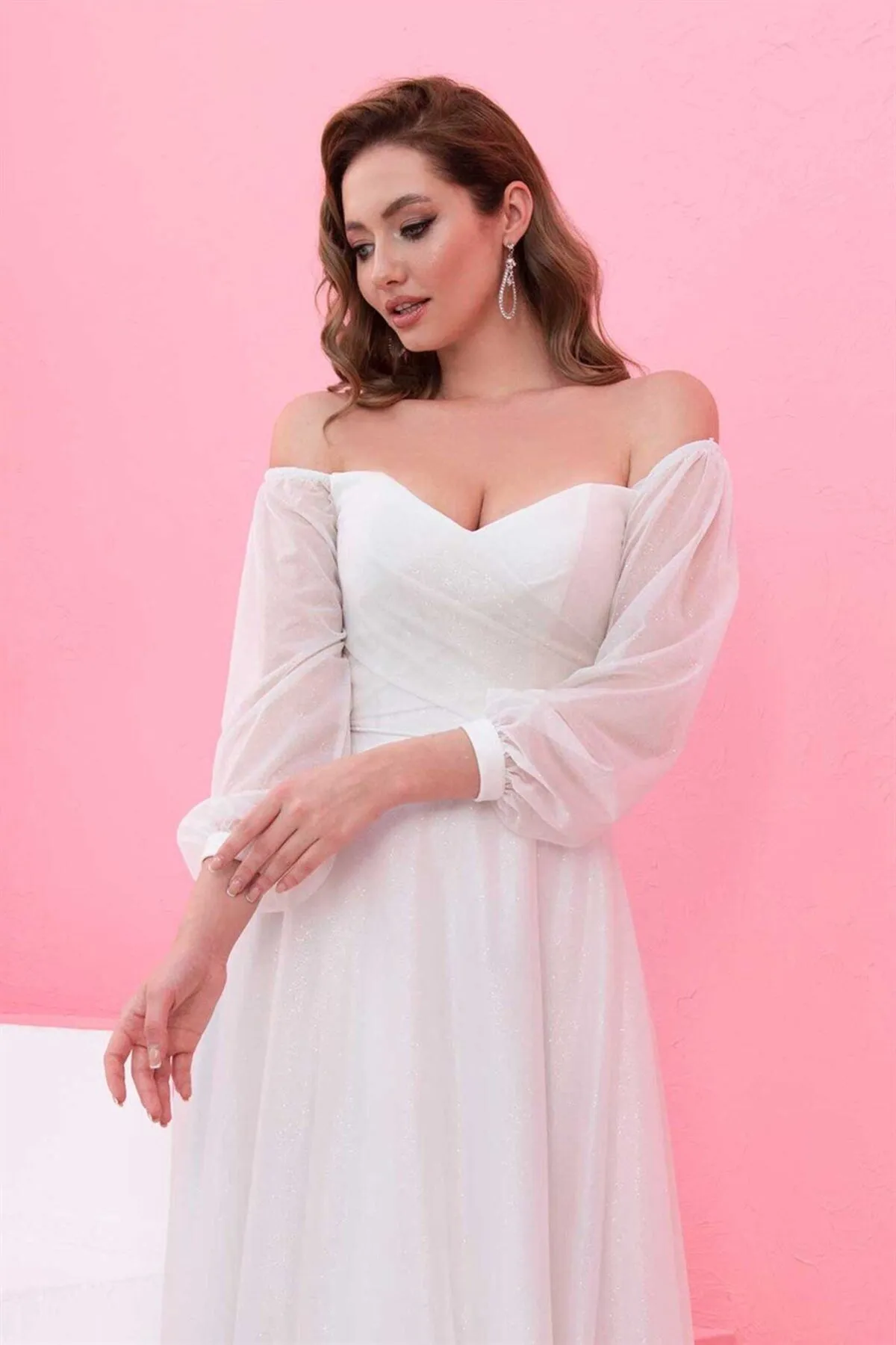 Carmen  Ecru glitzerndes Langarm-Hochzeitskleid und Outdoor-Shooting-Kleid