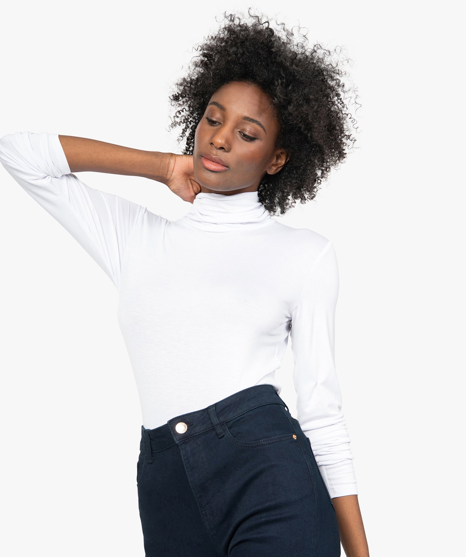 Tee-shirt femme uni avec col roulé et manches longues blanc | GEMO