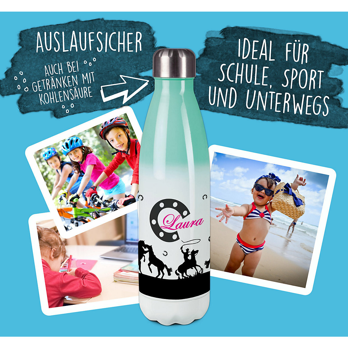 Edelstahl Kinder Thermoflasche / Trinkflasche bunt Pferd-Cowboy schwarz Spülmaschinenfest, Auslaufsicher, Bruchfest, Doppelwandig, Für Heißgetränke geeignet, Mit Deckel, Isoliert
