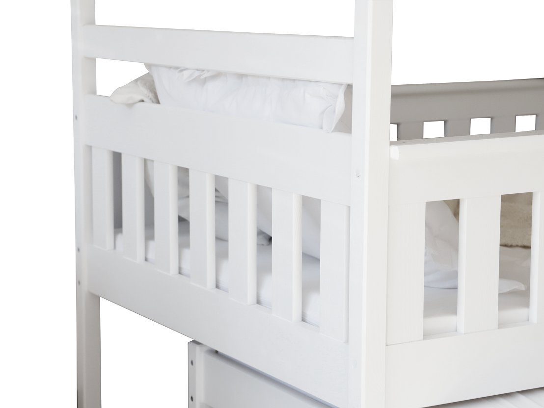 Deine Möbel 24 Etagenbett Hochbett Kinderbett für 2 Kinder EMMA 80x180 90x200 Weiß (mit abnehmbarem Rausfallschutz, 2 Schubladen, in 2 Betten umbaubar), wahlweise mit Matratzen, aus Massivholz Vollholz, incl. Lattenrost