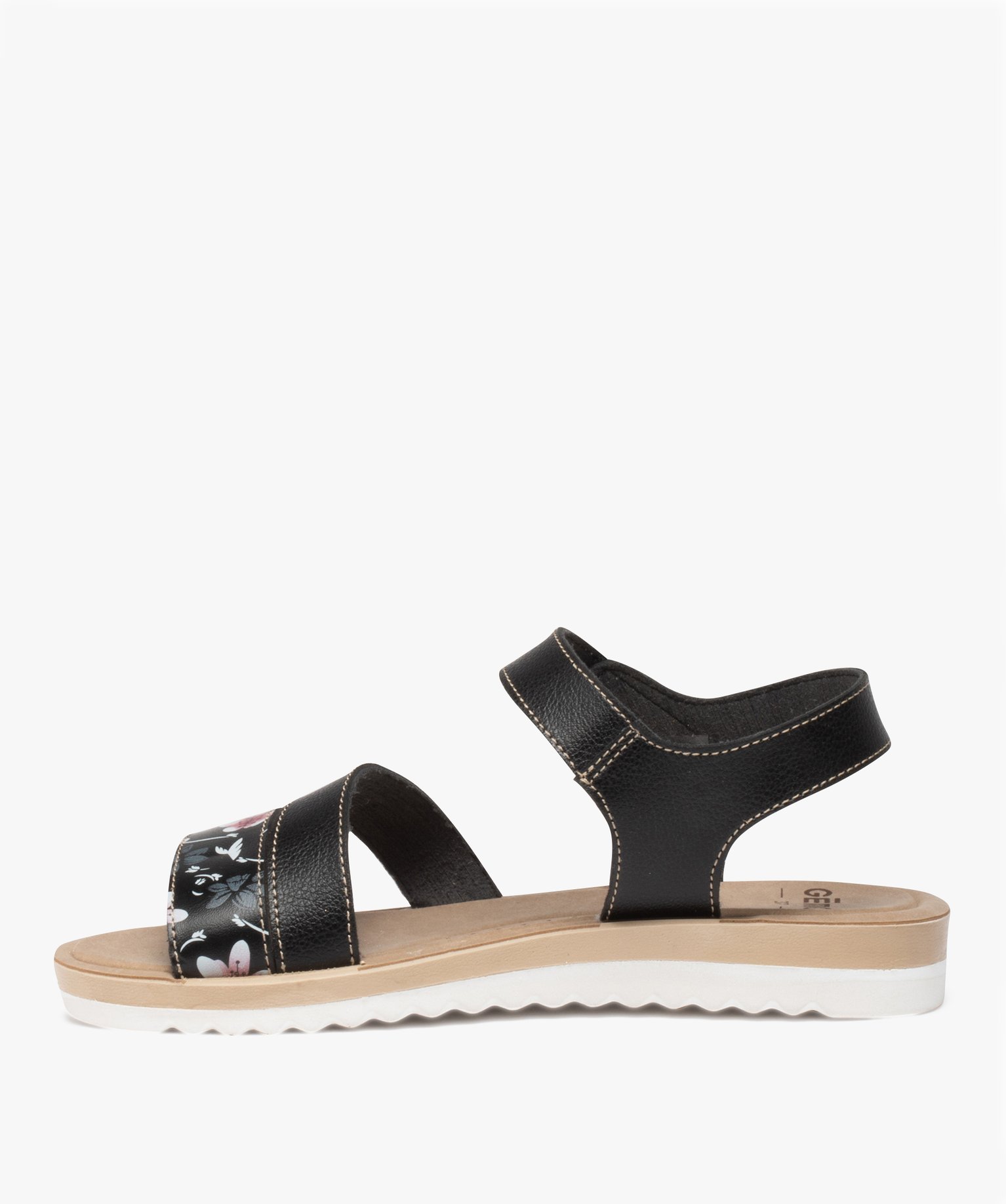 Sandales femme à motif floral et bride à scratch noir | GEMO
